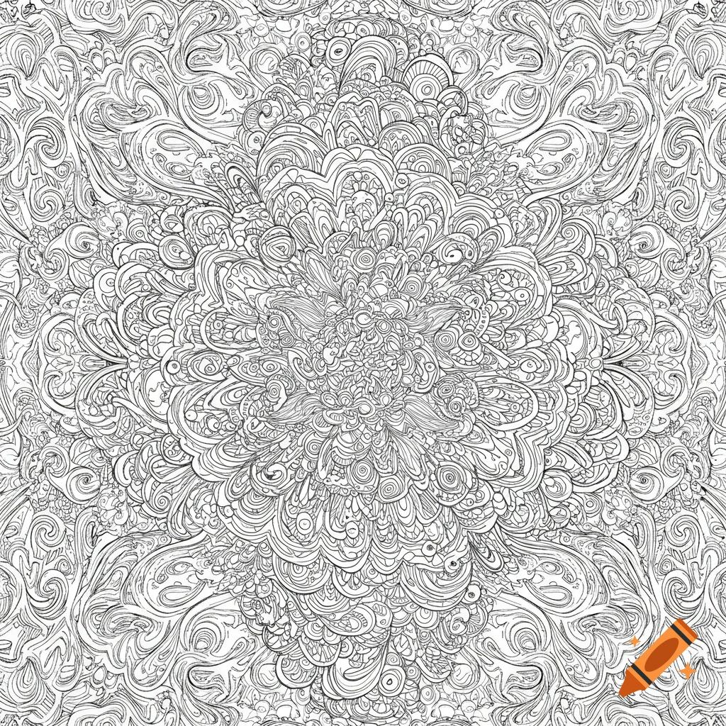 A detailed black and white abstract line art pattern, suitable for coloring.
