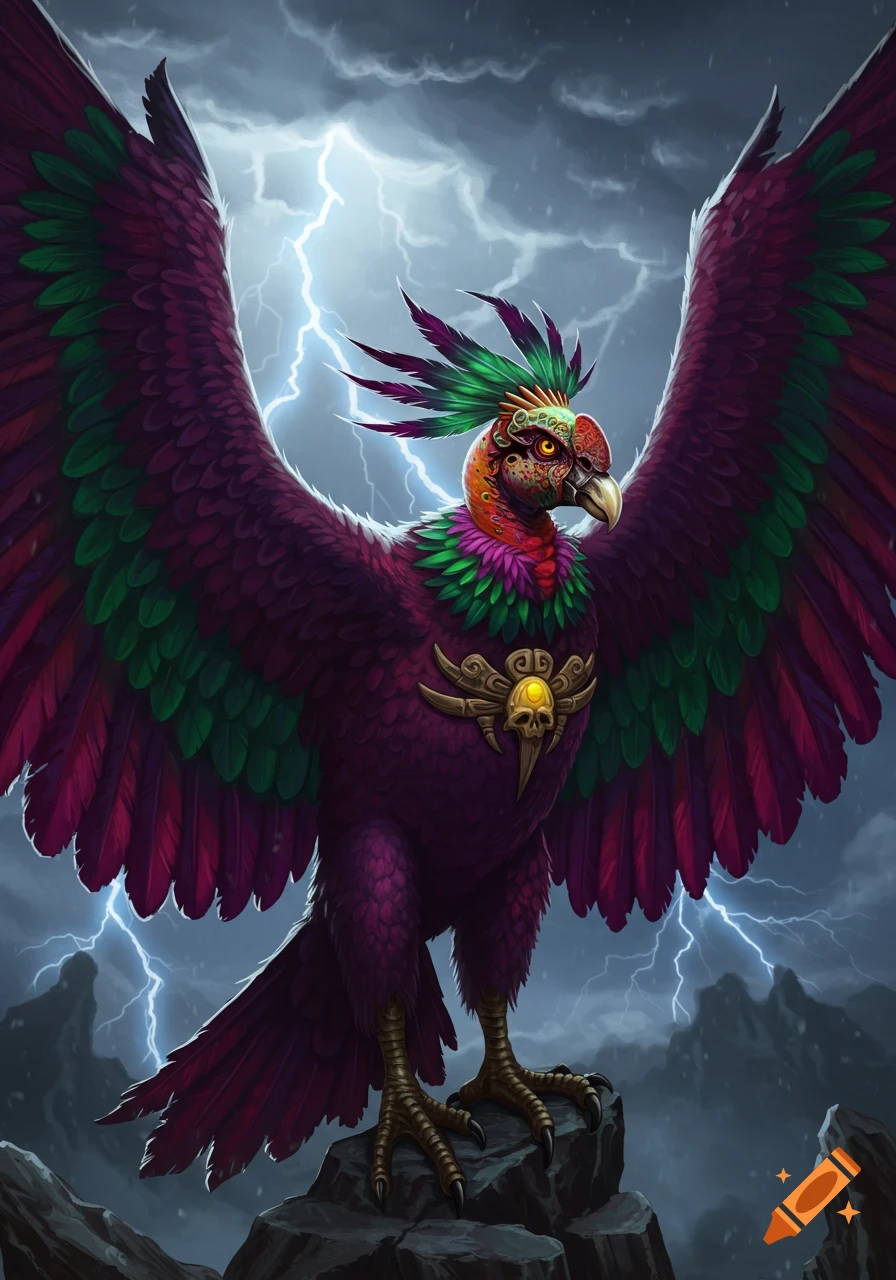 A vibrant purple and green fantasy bird with tribal markings stands on rocks during a lightning storm.