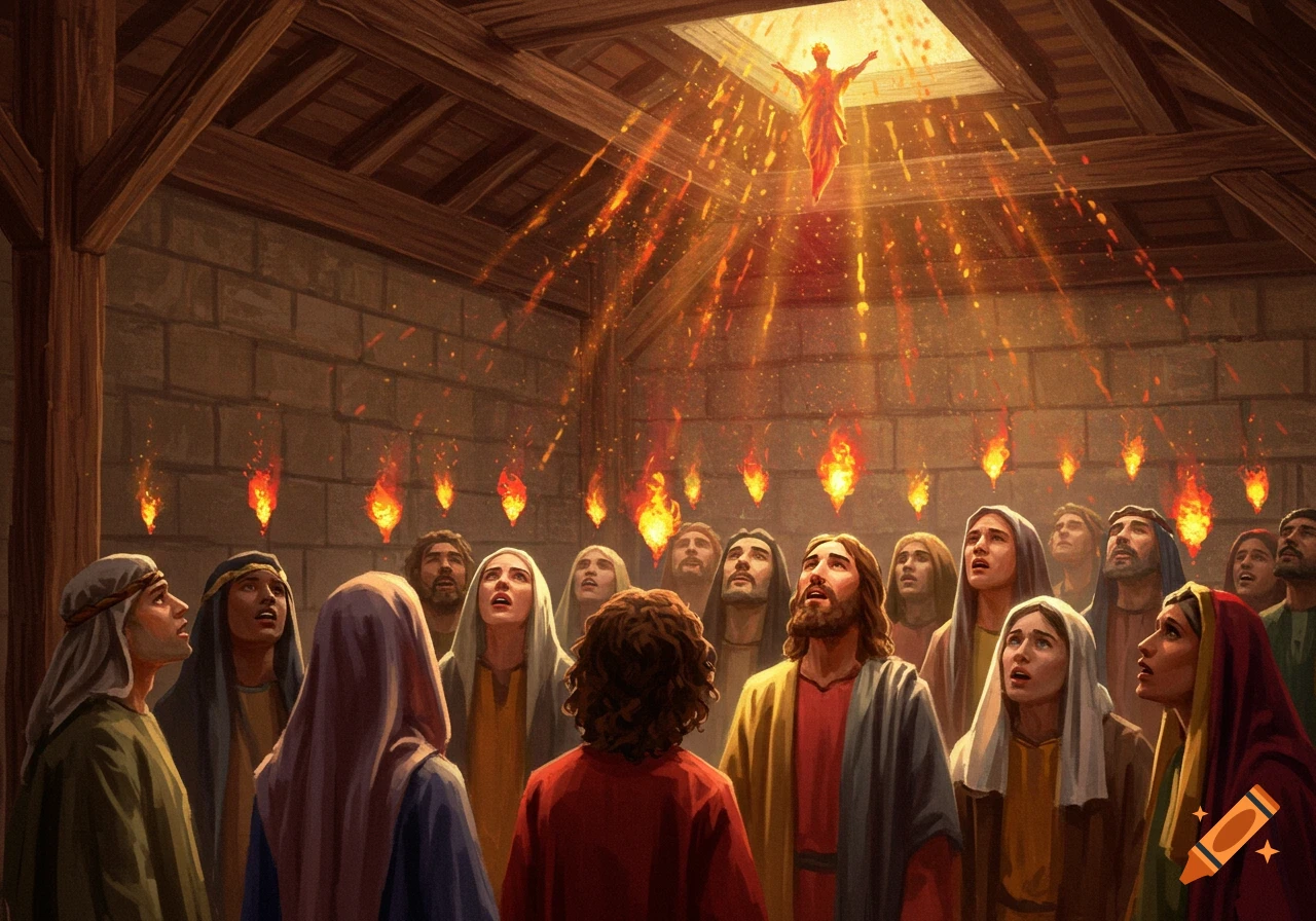 People look up as light and fire descend from the ceiling in a room, religious scene.