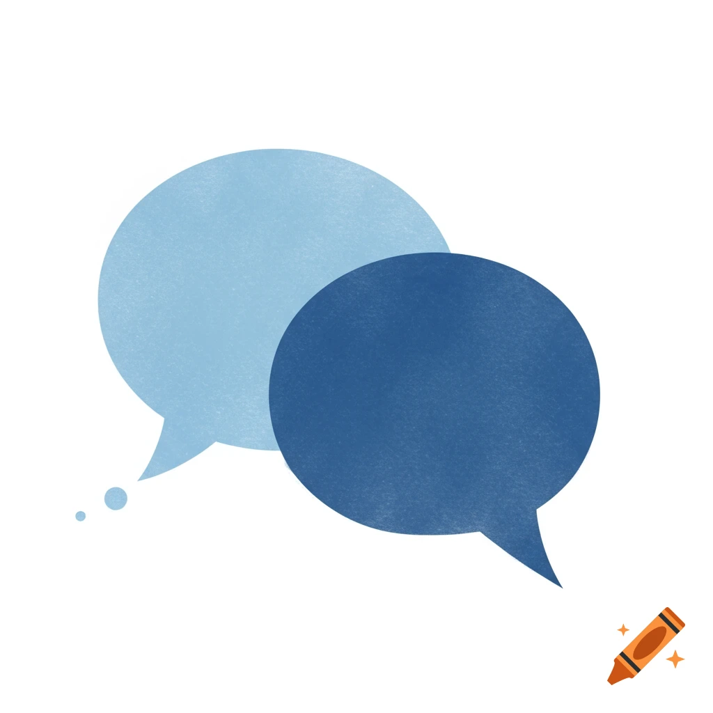 Two overlapping speech bubbles, one light blue and one dark blue, on a white background.