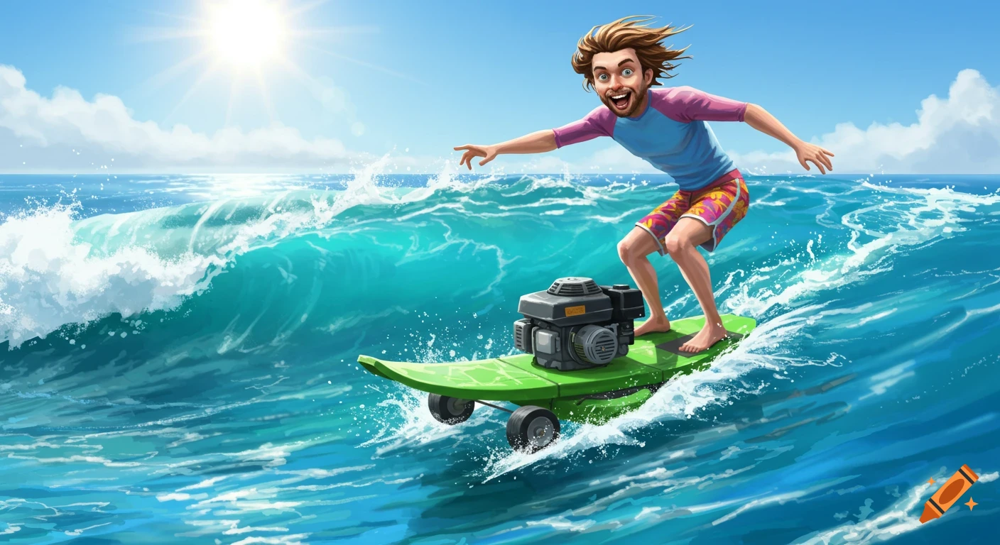 Illustrative depiction of a man happily surfing on an engine-powered board in the ocean.
