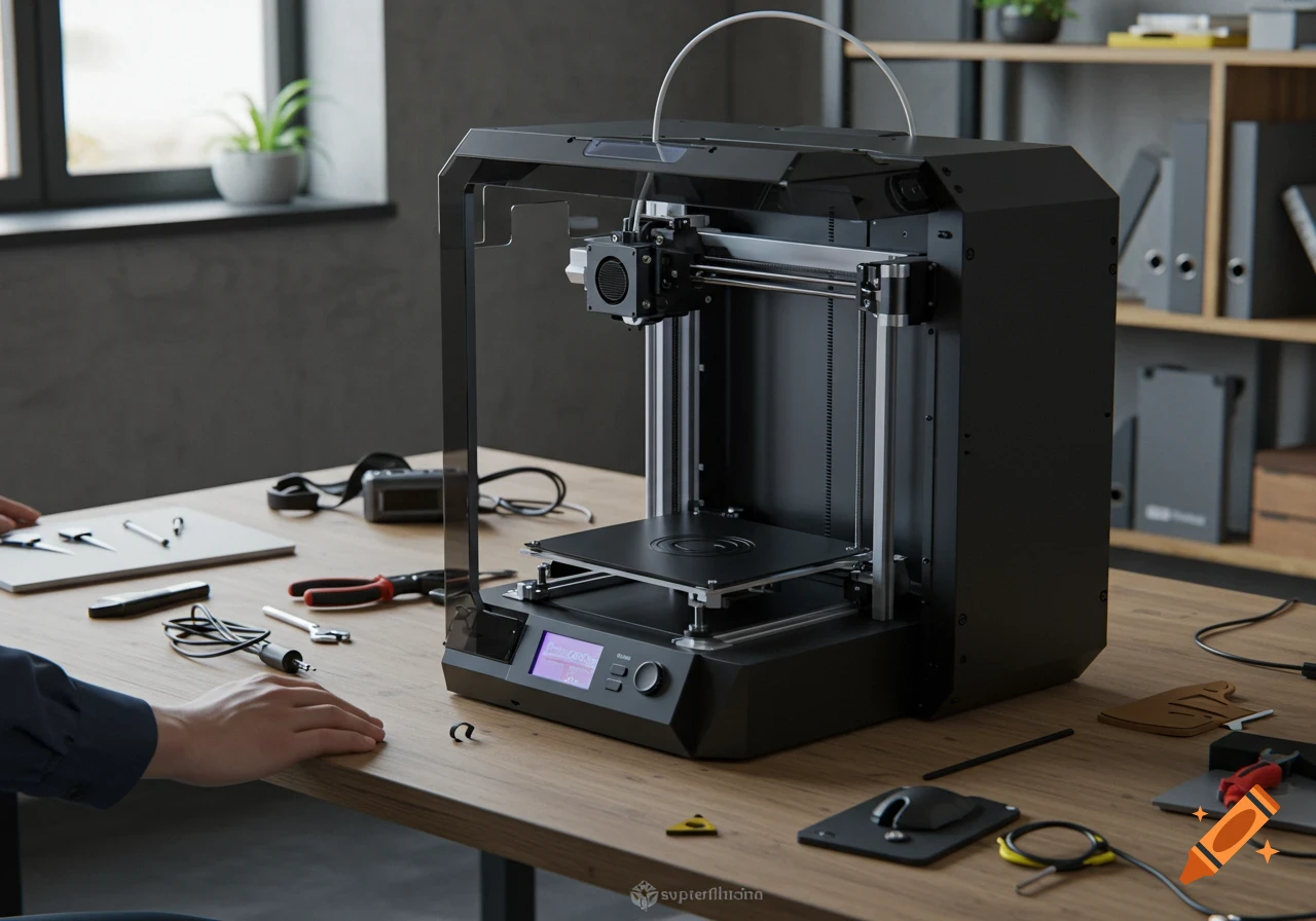 Realistic scene of a 3D printer and tools on a desk in a modern workspace.