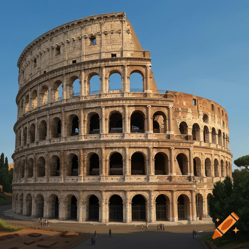 Photorealistic image of the ancient Colosseum in Rome against a blue sky.