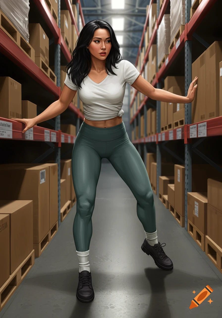 Woman in white shirt and leggings in a warehouse aisle with shelves of boxes.