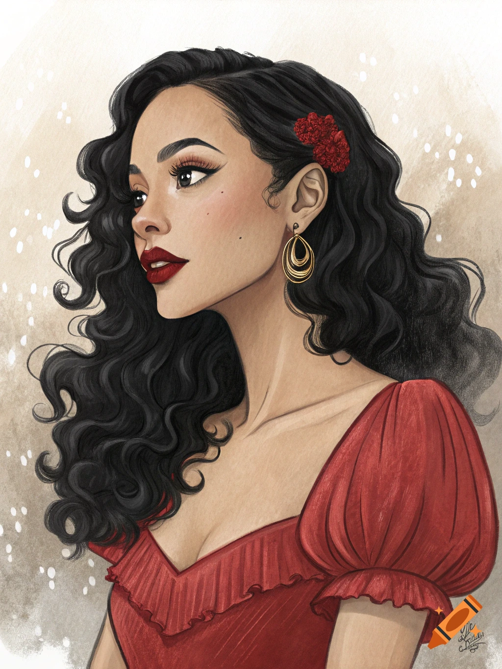 Close-up illustration of a woman with dark curly hair and red lipstick wearing a red ruffled dress.