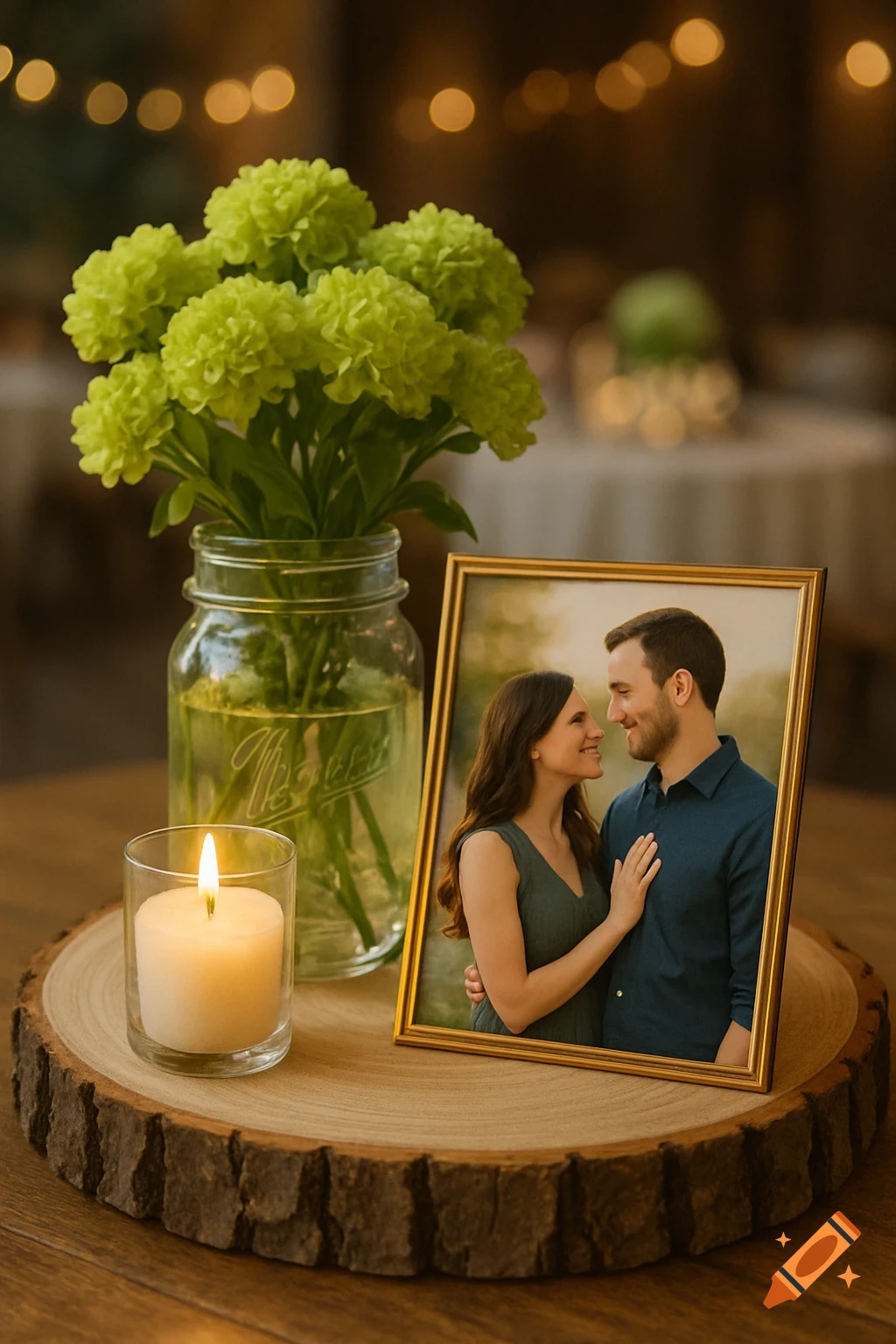 An engagement party centerpiece features a mason jar of green flowers, a lit candle, and a framed photo of a couple on a wood round.