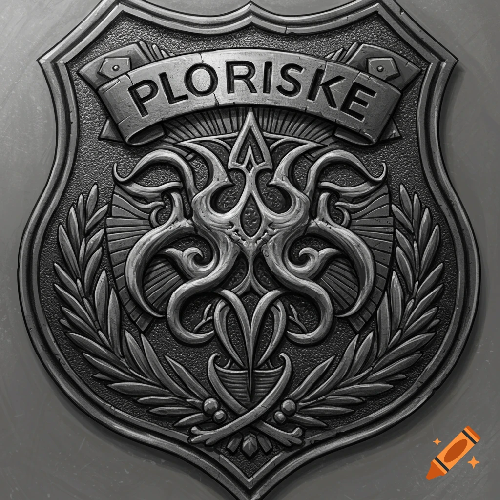 A silver badge with an ornate eldritch symbol and a banner with the word "PLORISKE".
