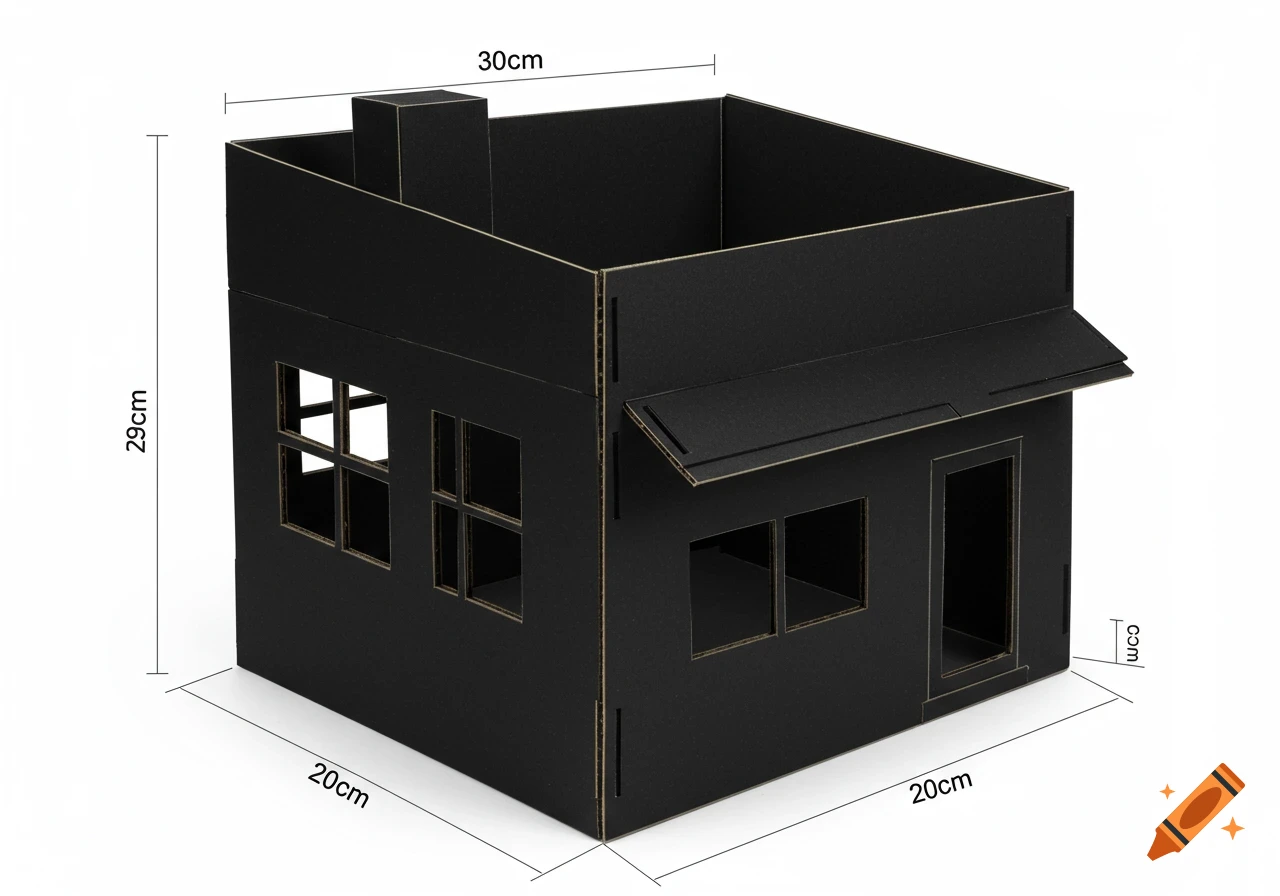 Black cardboard model house with windows and a door, showing dimensions.