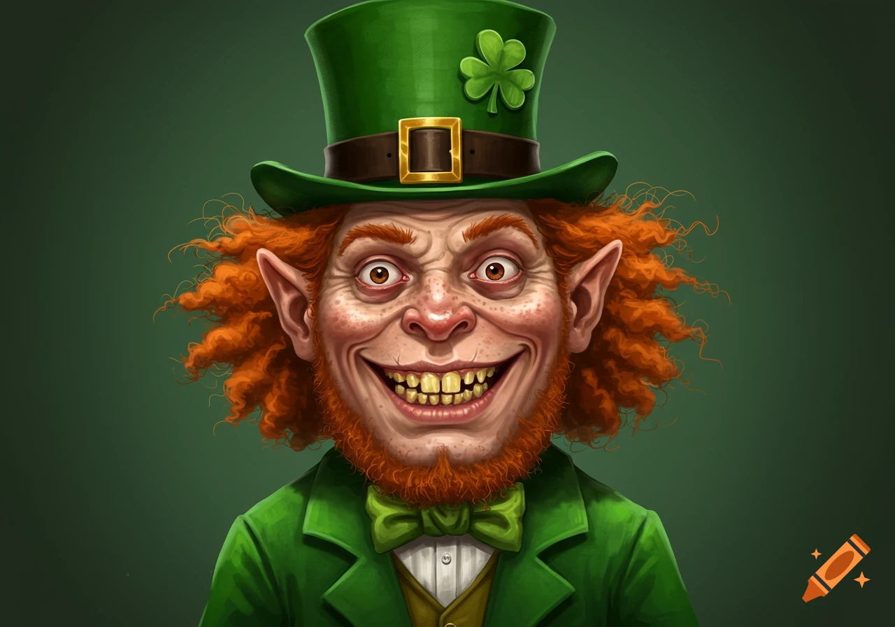 Close-up illustration of an ugly leprechaun with red curly hair, freckles, yellow crooked teeth, wearing a green hat and suit, smiling.
