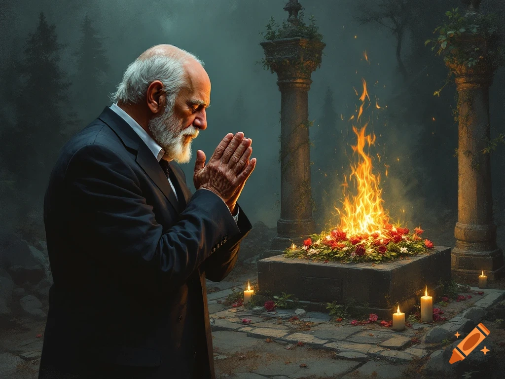 Man in a suit praying with hands together at a burial site with fire and flowers in a dark forest setting.