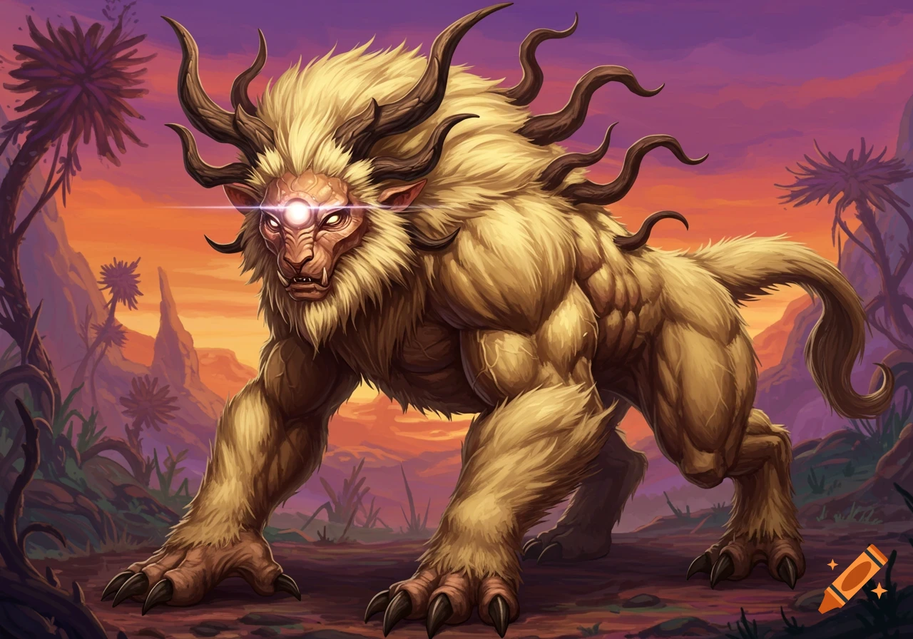 A muscular, furry alien creature with multiple horns and a glowing third eye stands in a surreal landscape at sunset.