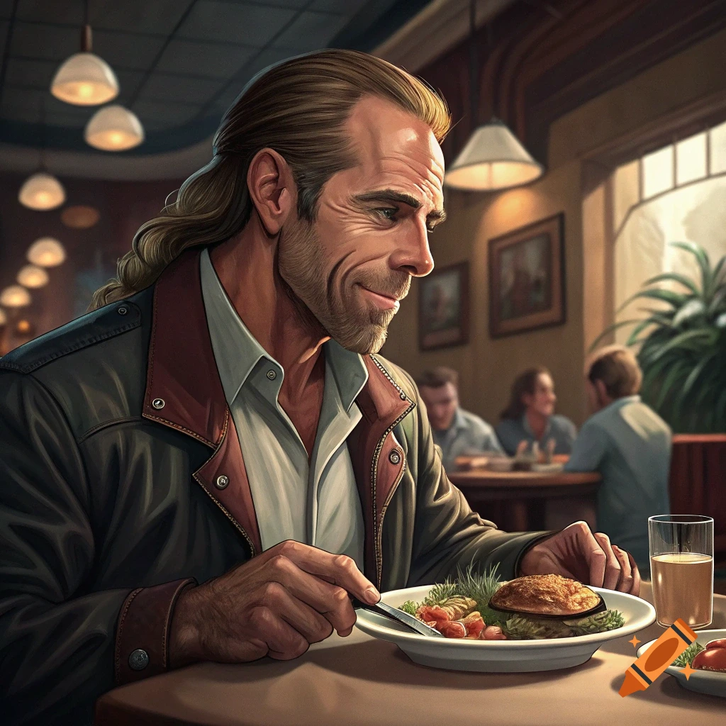 A man eats a meal in a restaurant.