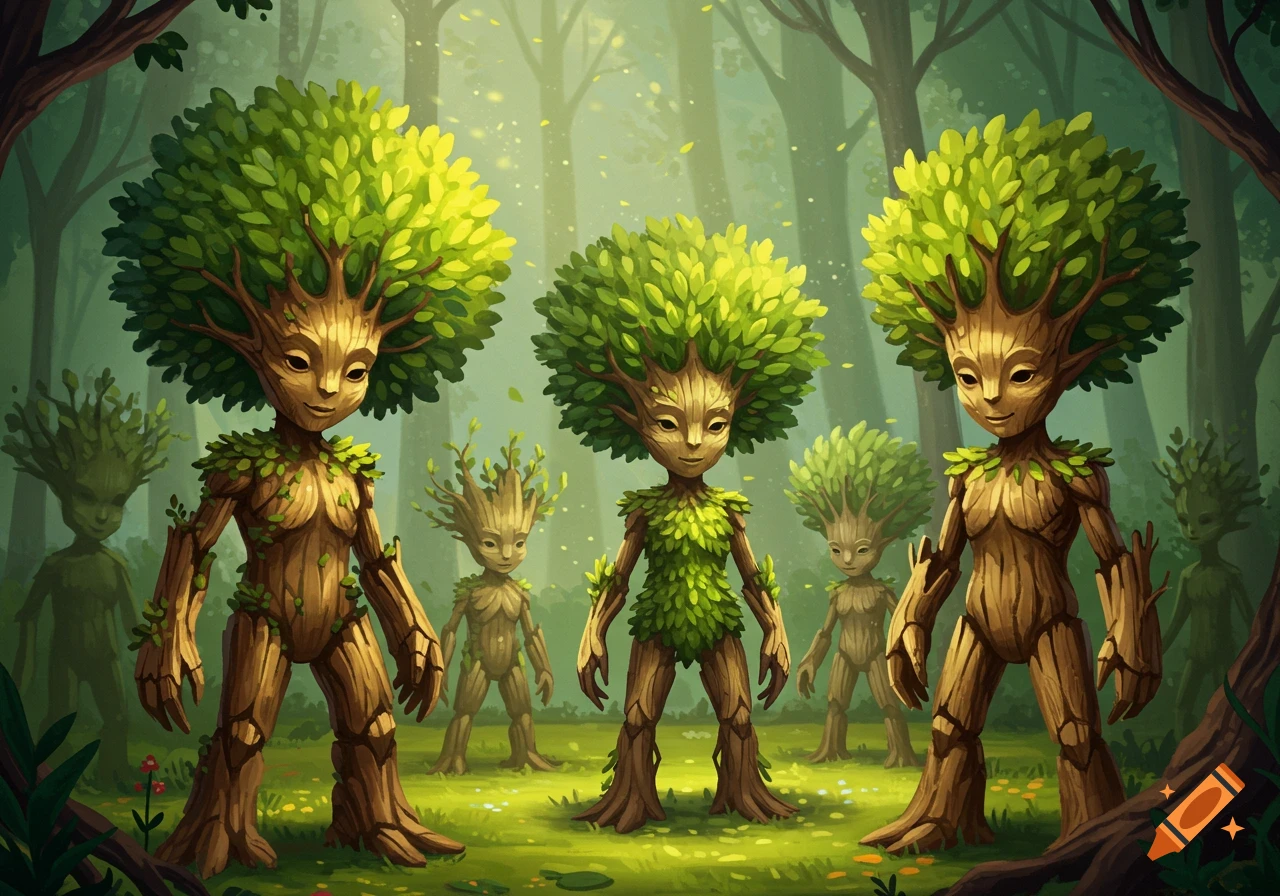 Anthropomorphic tree creatures stand in a sunlit forest clearing. on ...