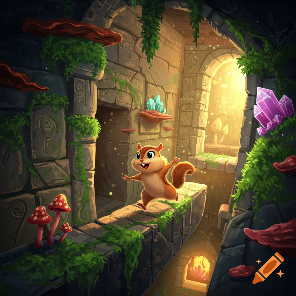A cartoon chipmunk explores a vibrant fantasy dungeon filled with glowing crystals, mushrooms, and ruins.