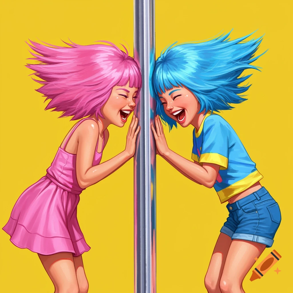 Two stylized girls with pink and blue hair lean against a pole and laugh on a yellow background.