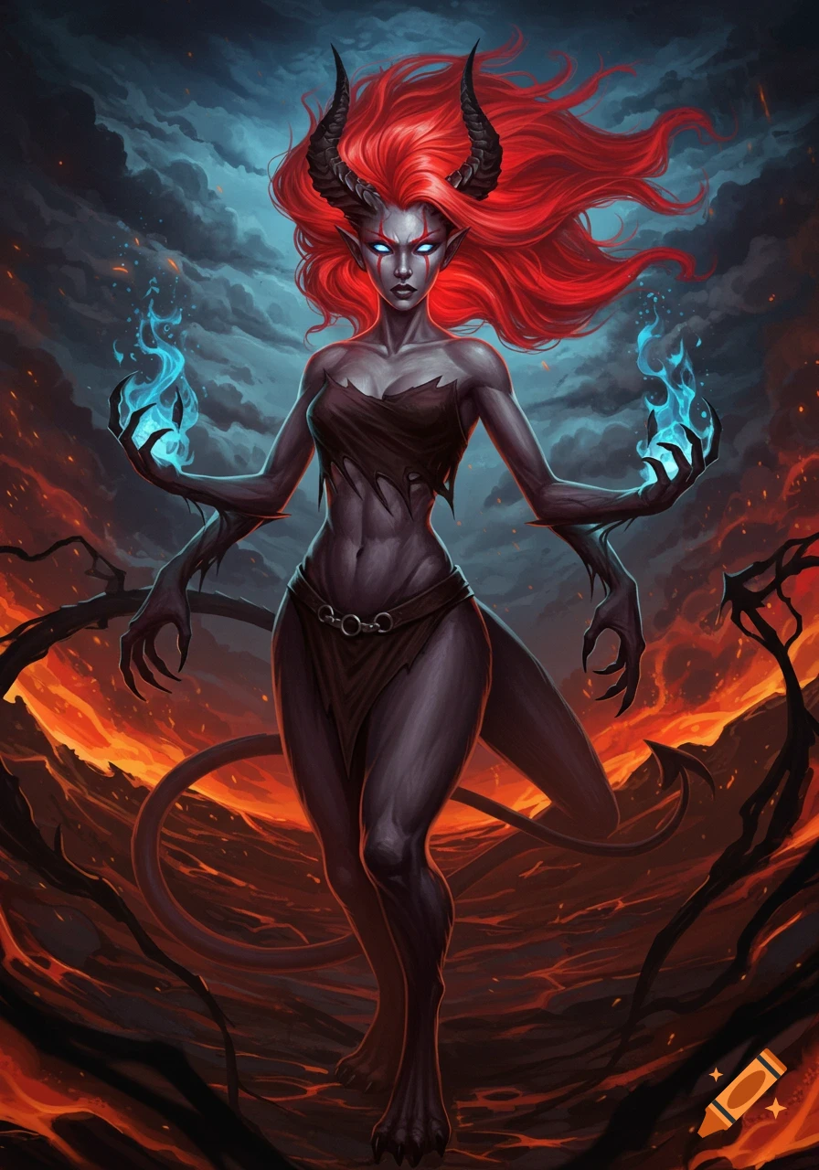 A fantasy illustration of a demon-like creature with red hair, horns, and dark skin, casting blue fire spells in a volcanic landscape.