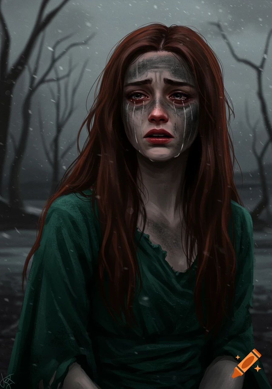 A digital painting of a young woman covered in ash, crying in a desolate, snowy landscape.