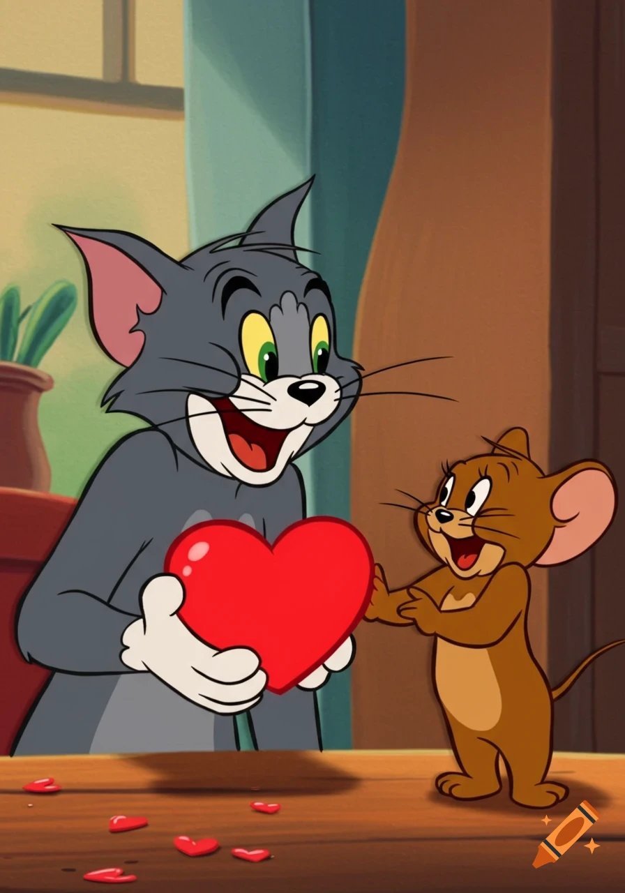 Tom the cat gives Jerry the mouse a heart in a cartoon style