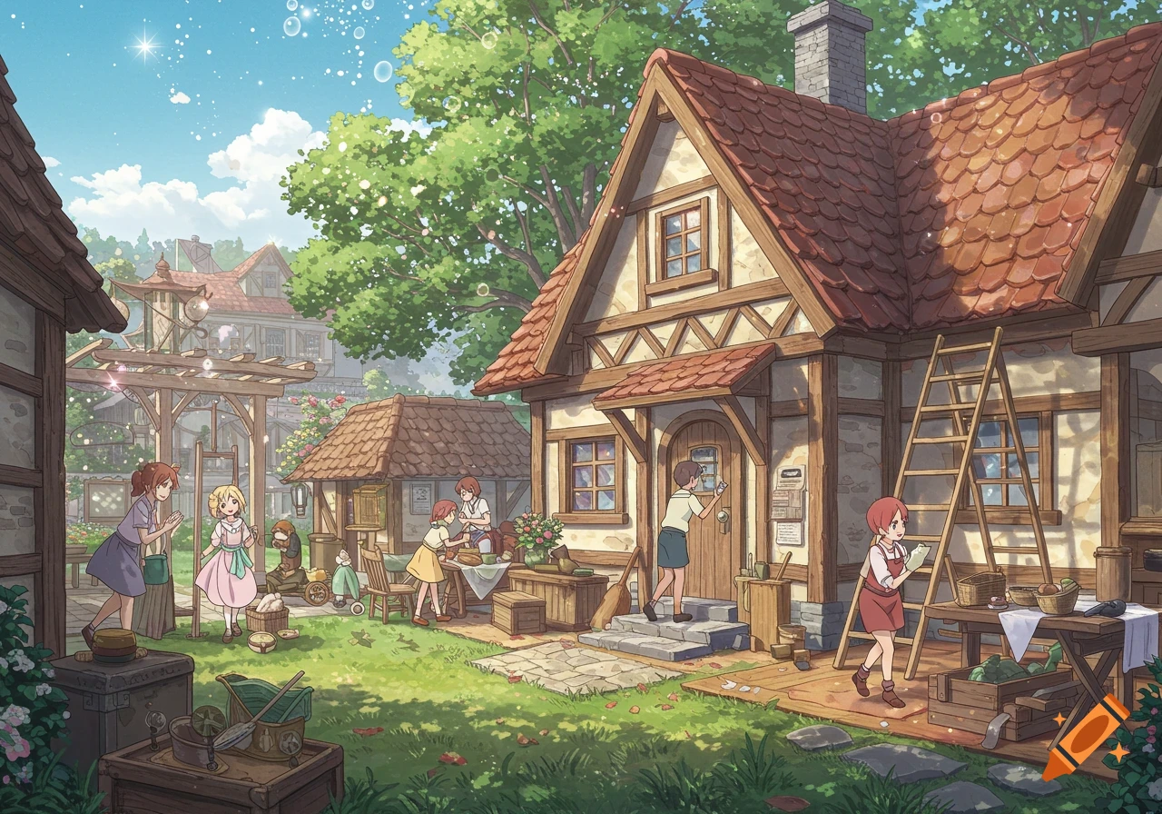 Anime illustration of a busy village scene with people working outside cottagecore houses.