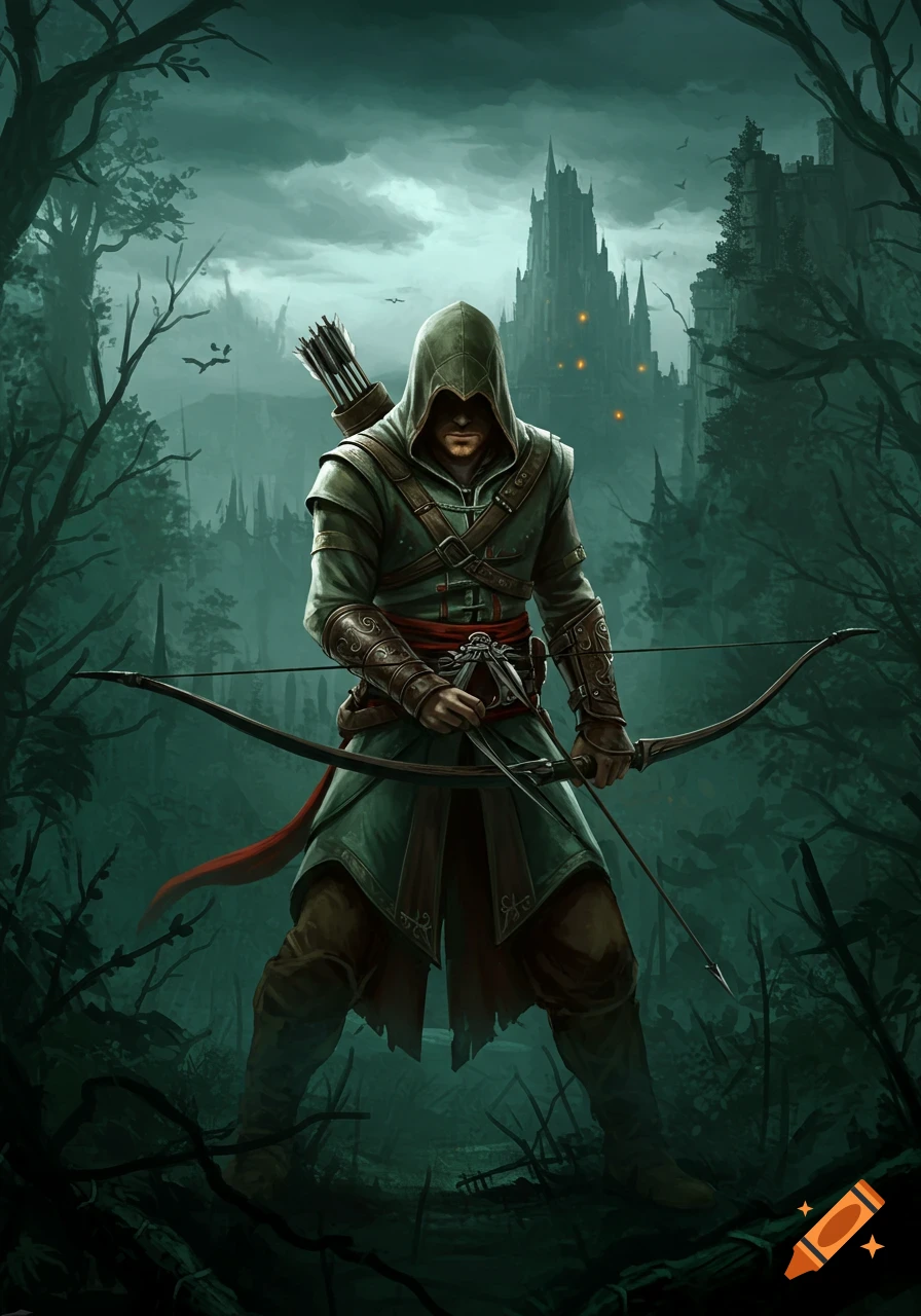 A hooded archer stands ready with a bow and arrow in a dark forest before a castle.