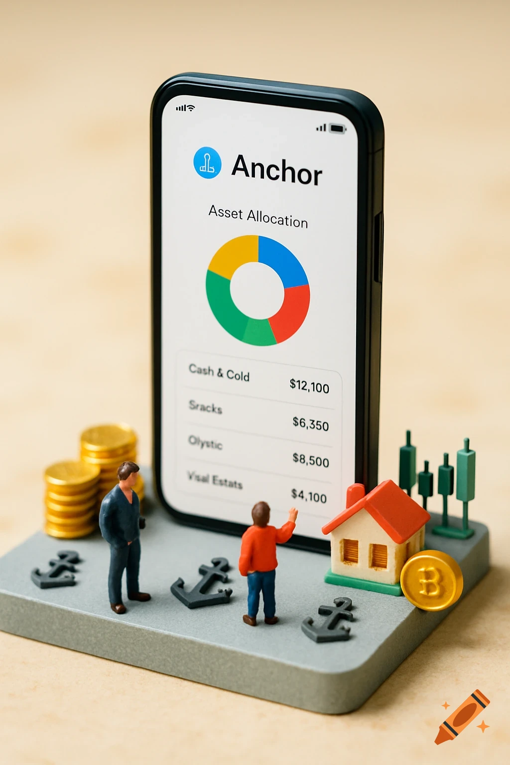 Miniature scene with a smartphone showing asset allocation, coins, house, and figures.