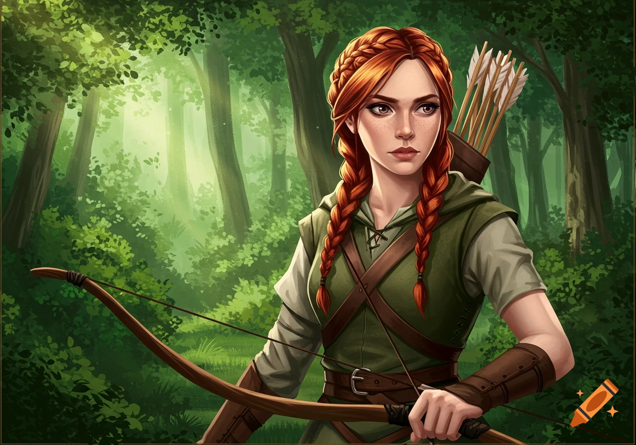 A young woman with red braids and freckles, dressed as an archer, stands in a forest holding a bow.