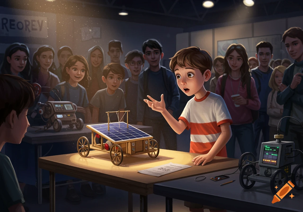 A boy presents a solar-powered car on a table at a science fair to a crowd of students watching.