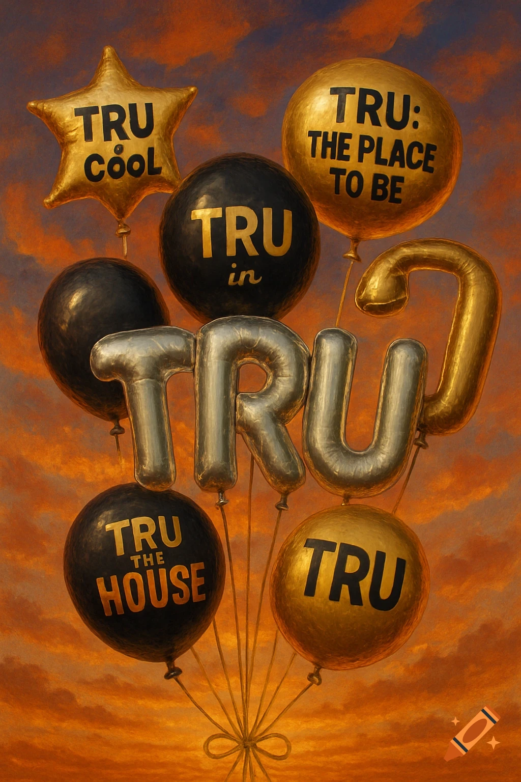 Several balloons in various shapes (star, circular, letter) display the text 'TRU', 'TRU COOL', 'TRU in the House', and 'TRU: The Place to Be', floating against a sunset sky.