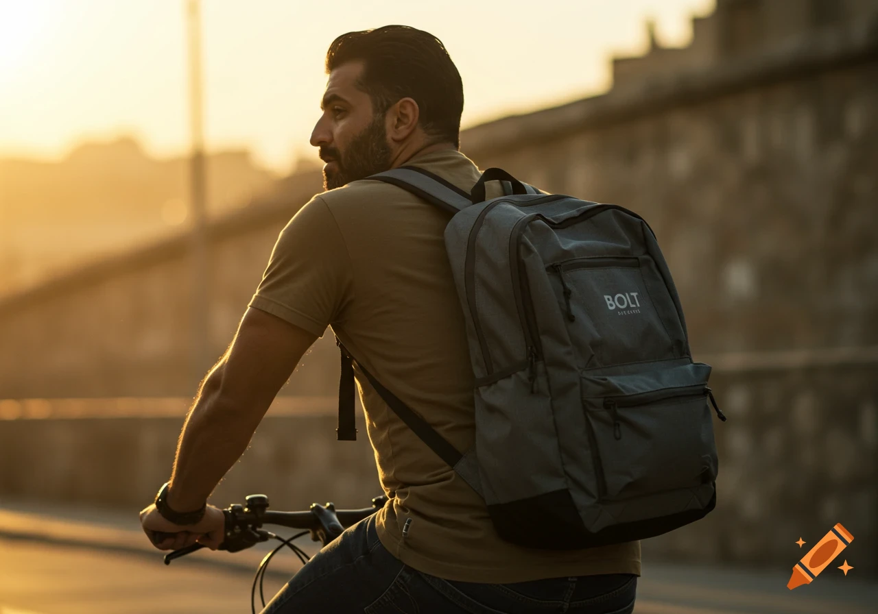 A man rides a bike with a grey backpack at sunset.