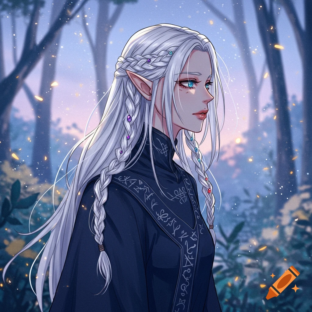 Anime-style portrait of a white-haired elf character with blue eyes in ...