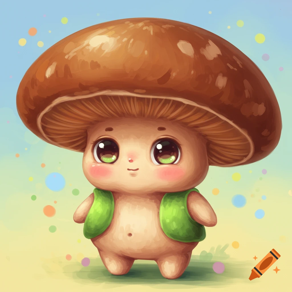A cute cartoon character of a mushroom with large eyes and a green vest.