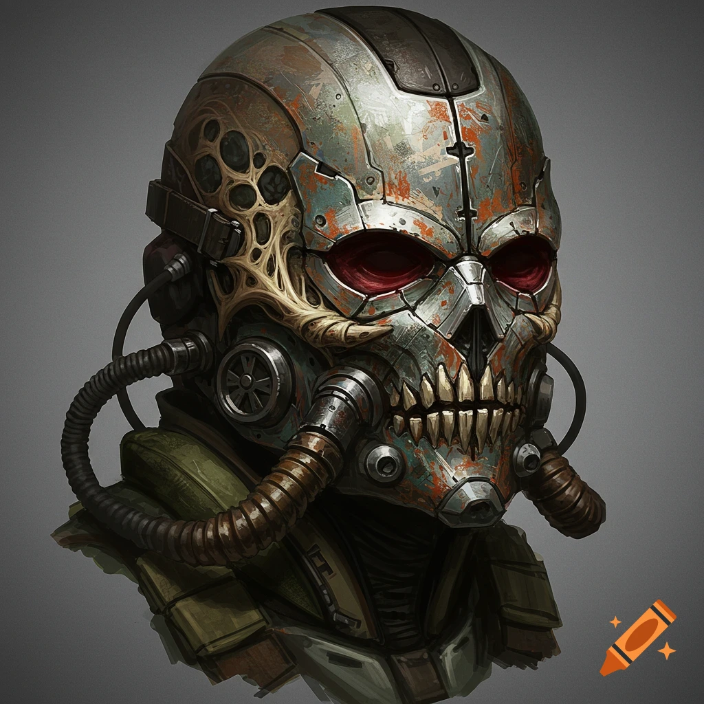 Close-up of a rusted metallic sci-fi skull mask with tubes.
