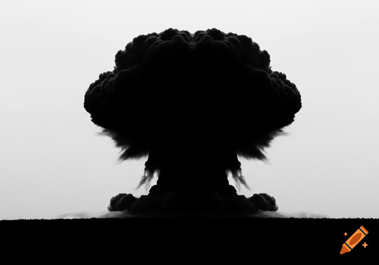Silhouette of a mushroom cloud in black and white.