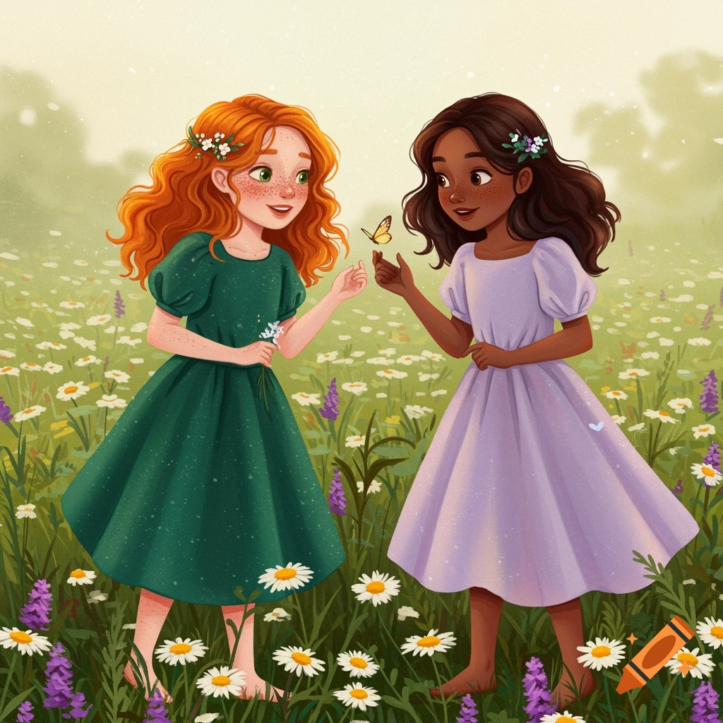 Two young girls in a field of daisies, one with red hair and one with brown hair, looking at a butterfly. Illustration style.