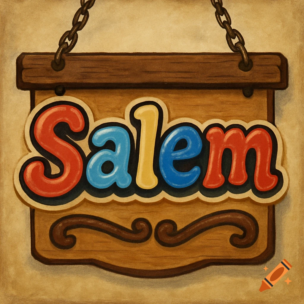 A colorful wooden wall hanging sign with the name "Salem" in stylized bubble letters.