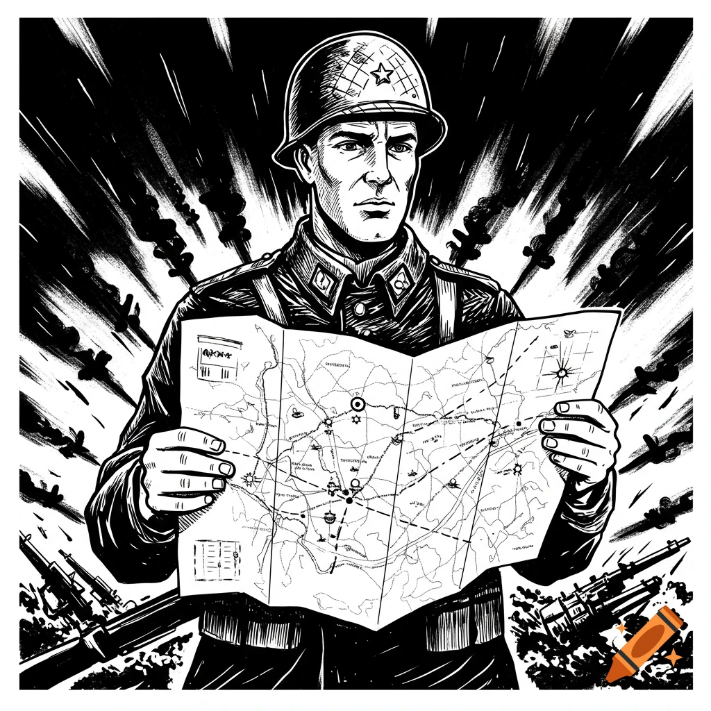 Black and white illustration of a soldier reading a map during a battle.