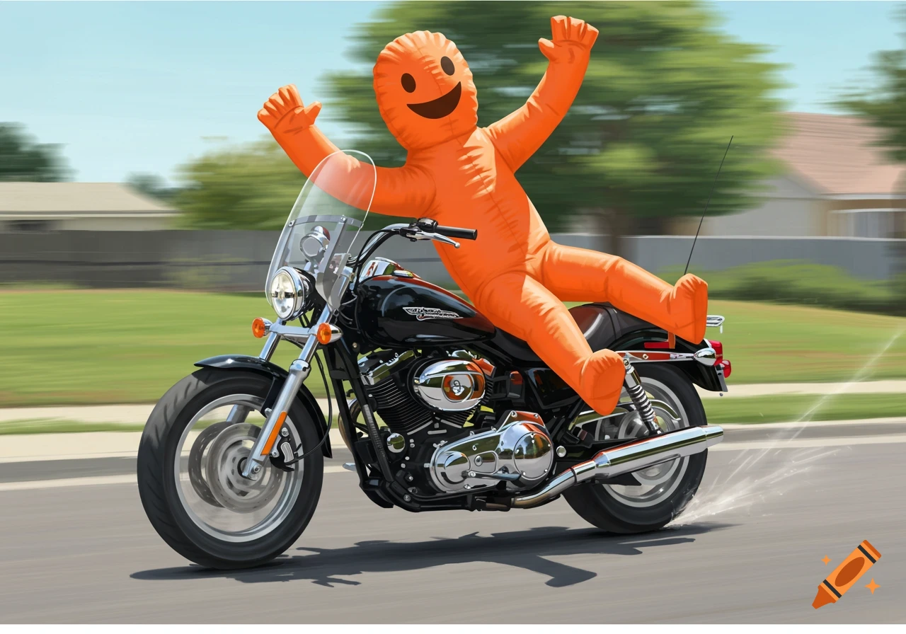 Orange inflatable tube man rides a black motorcycle down a street.