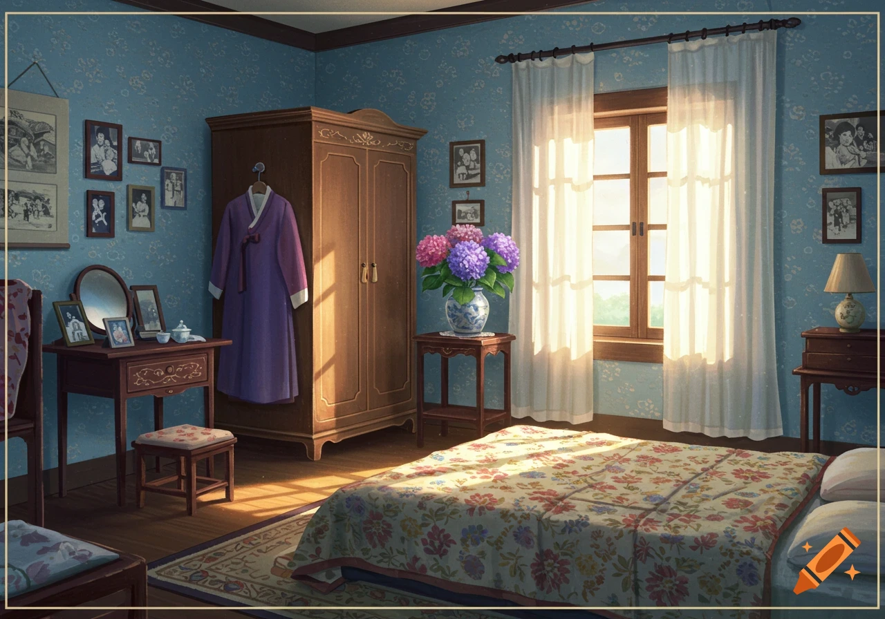Bedroom scene with traditional Korean dress, floral bedspread, vanity, and vase of flowers bathed in sunlight.