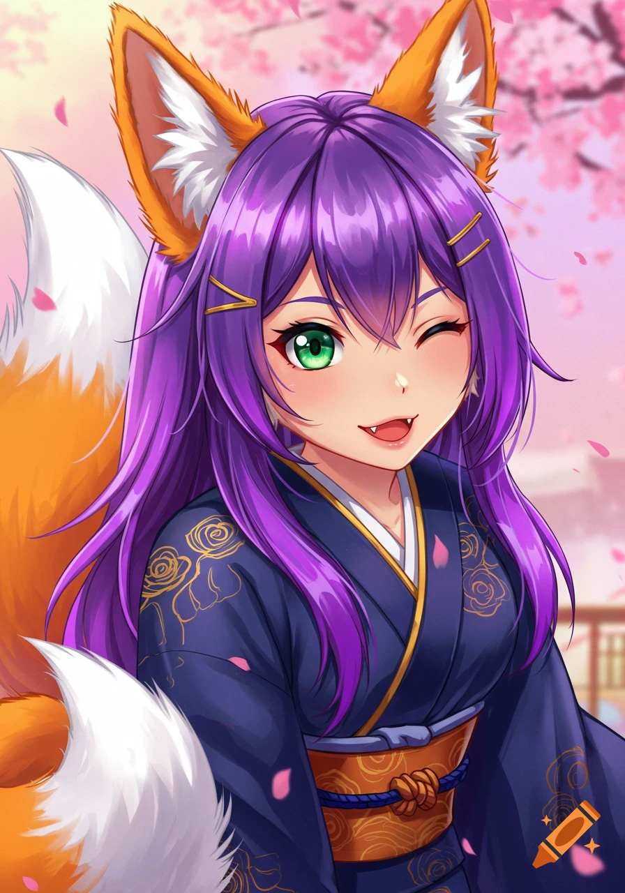 Anime fox girl with purple hair winking in a kimono under cherry blossoms.