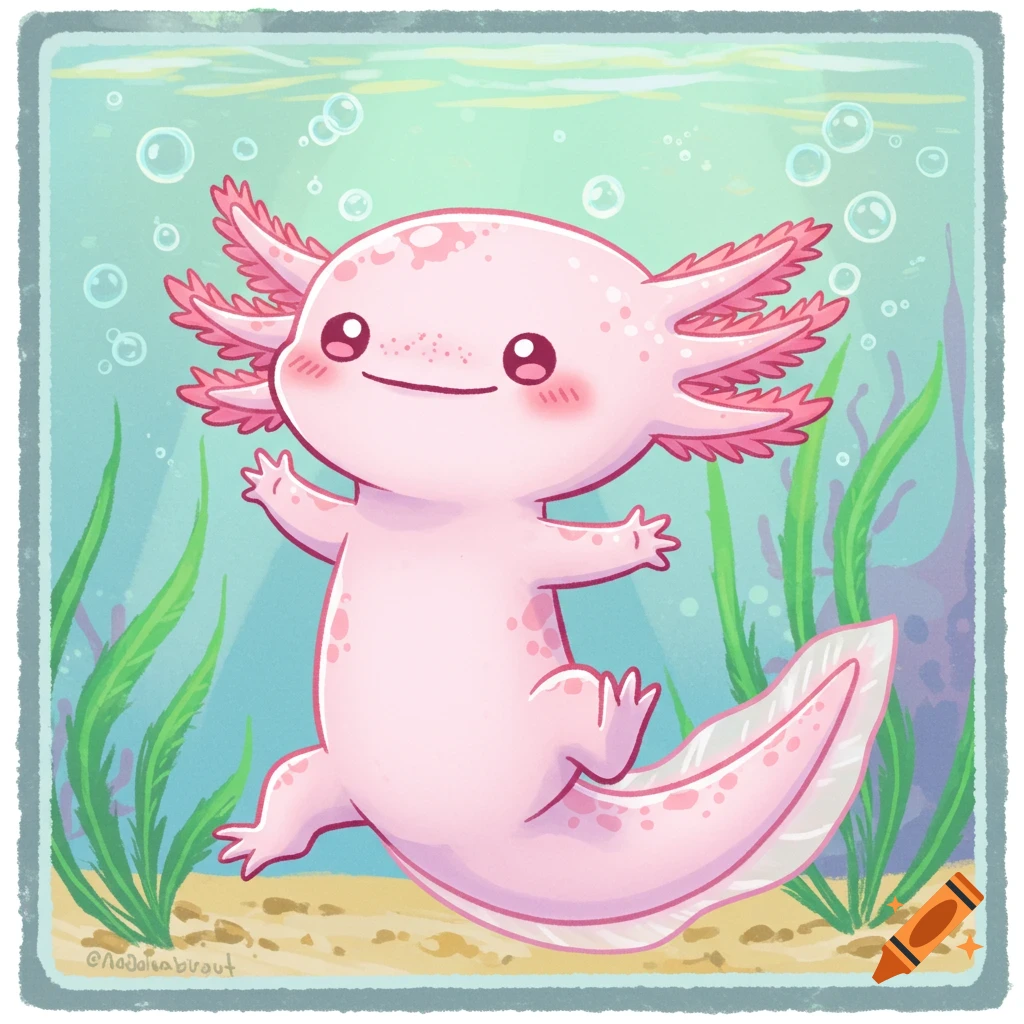 A cute pink cartoon axolotl swims underwater with bubbles and green plants.