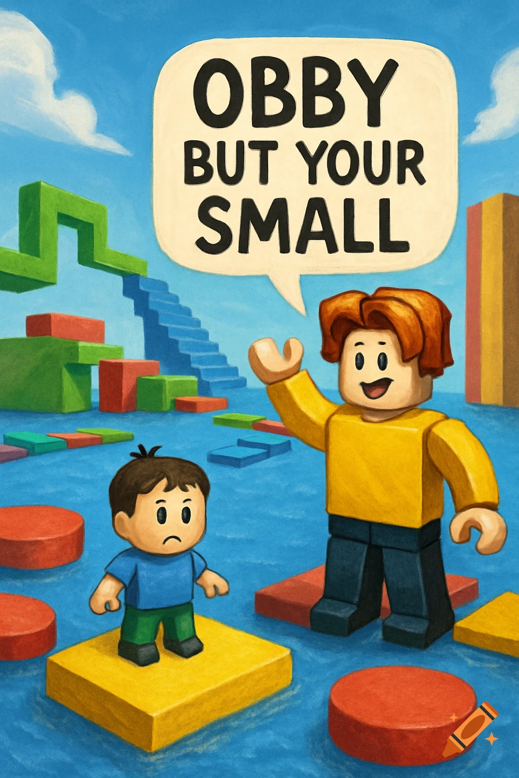 Tall Roblox figure and small human figure in a colorful cartoon obby with a speech bubble that says "OBBY BUT YOUR SMALL".