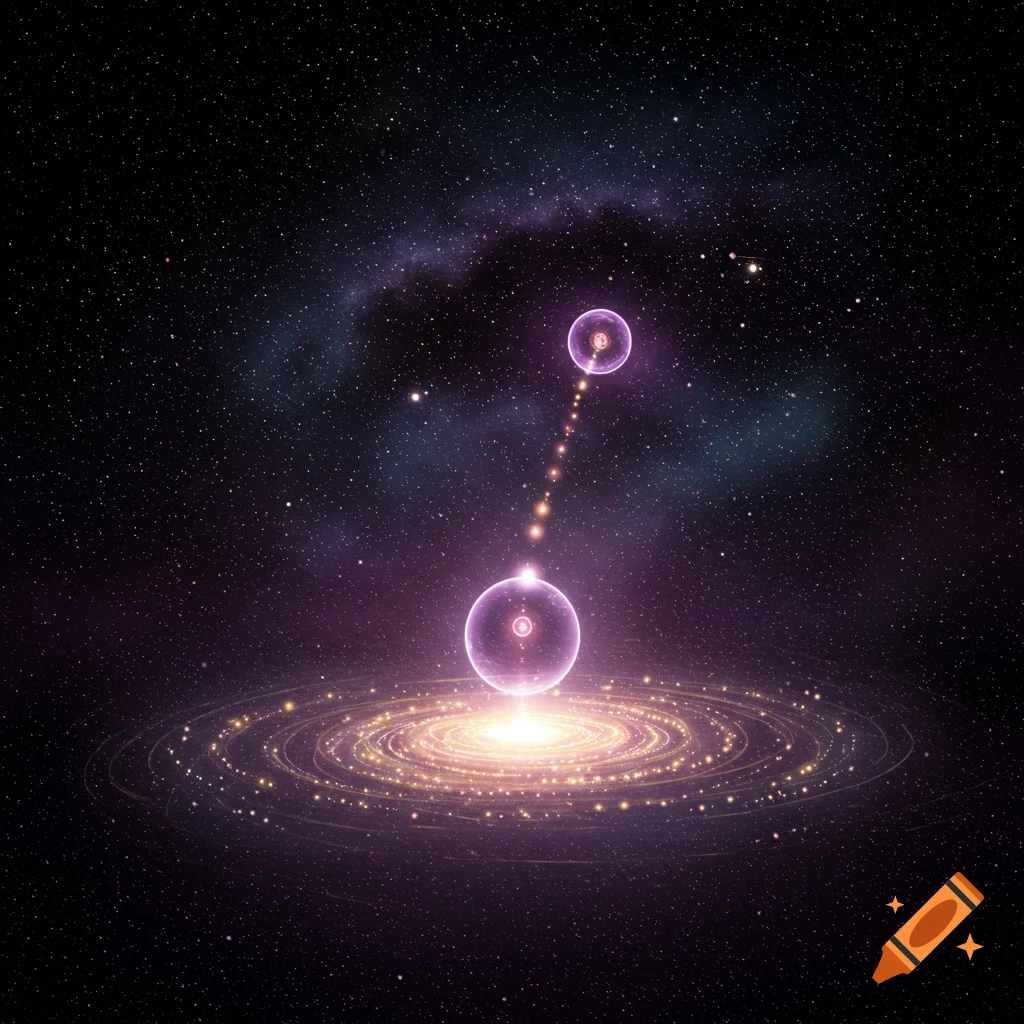 A cosmic entity with glowing rings and a sphere connected by light to another sphere, against a starry space background.