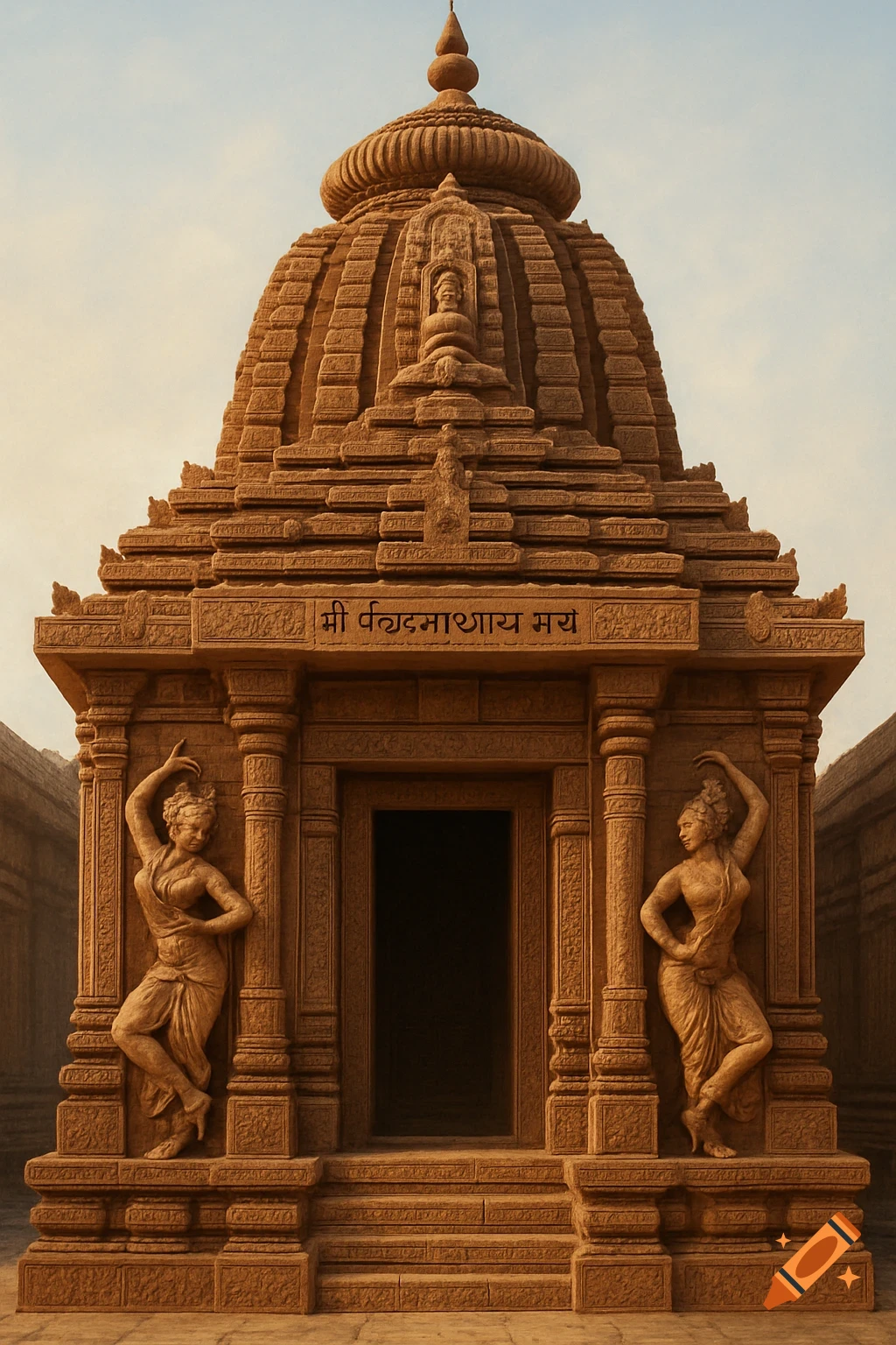 Detailed stone temple with carved dancers on either side of the entrance and text above the door.