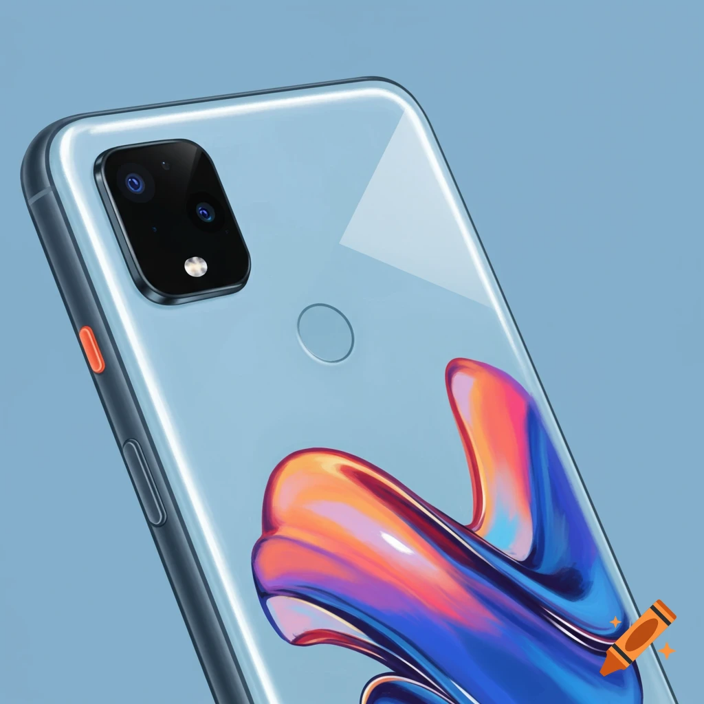 Close-up of the back of a light blue smartphone showing the camera and a colorful reflection.