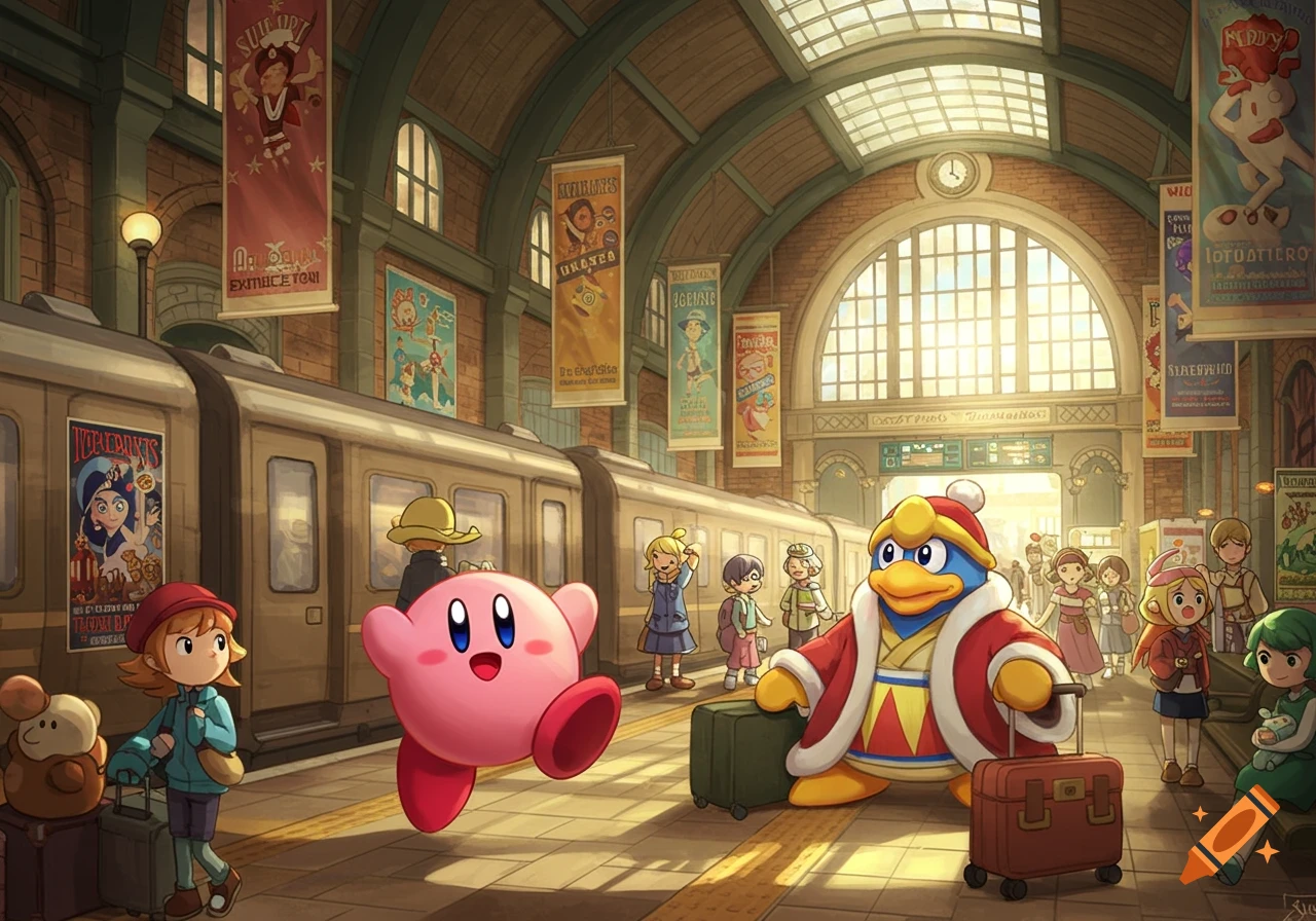 Kirby and King Dedede stand in a bustling train station with travelers and luggage.