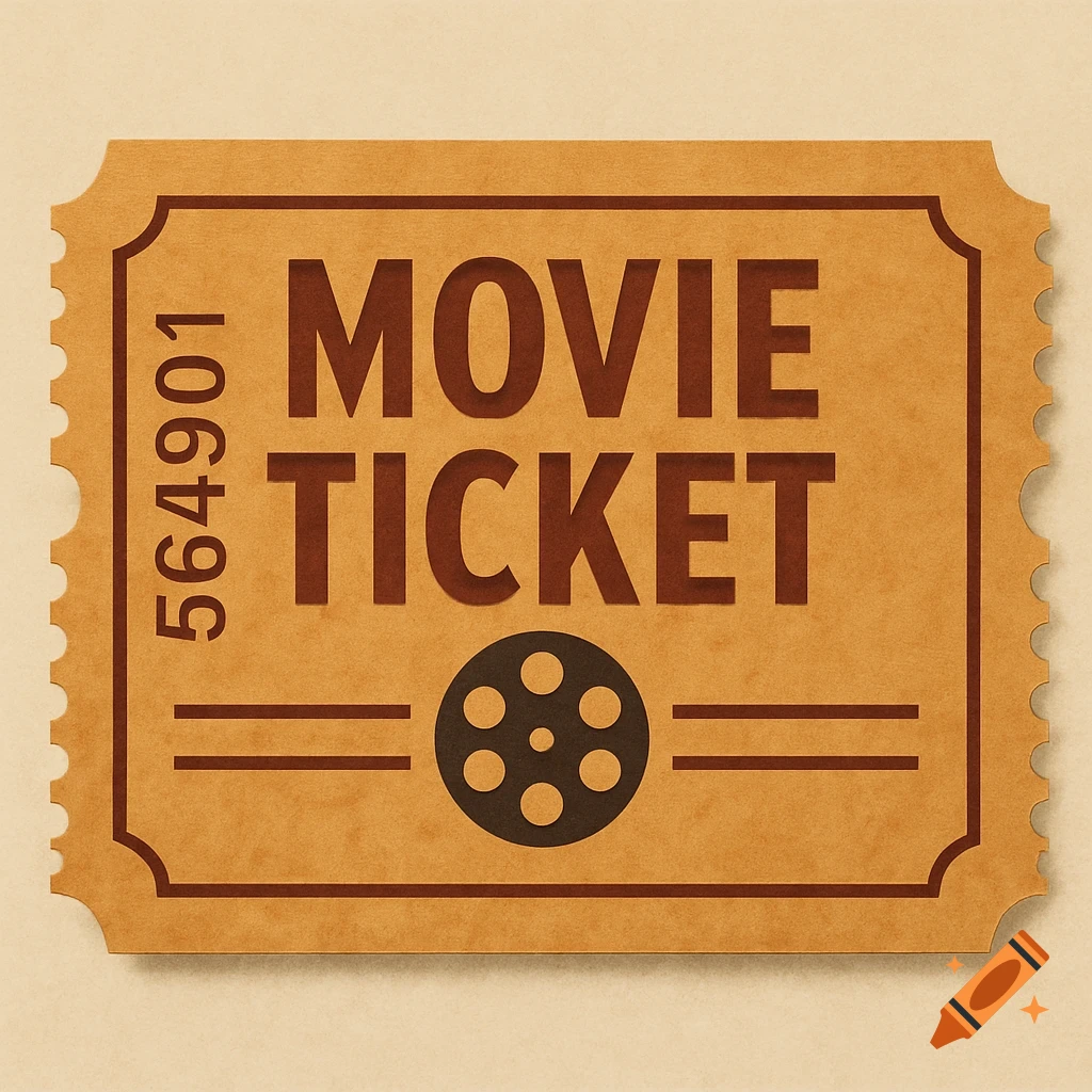 A brown movie ticket with 'MOVIE TICKET' text and a film reel icon.