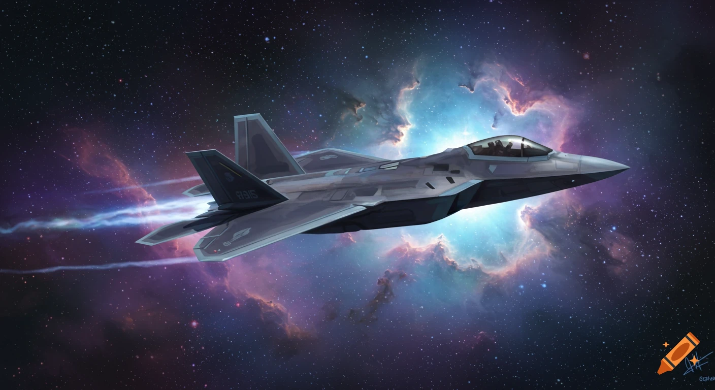 Digital painting of a fighter jet flying through space near a colorful nebula.