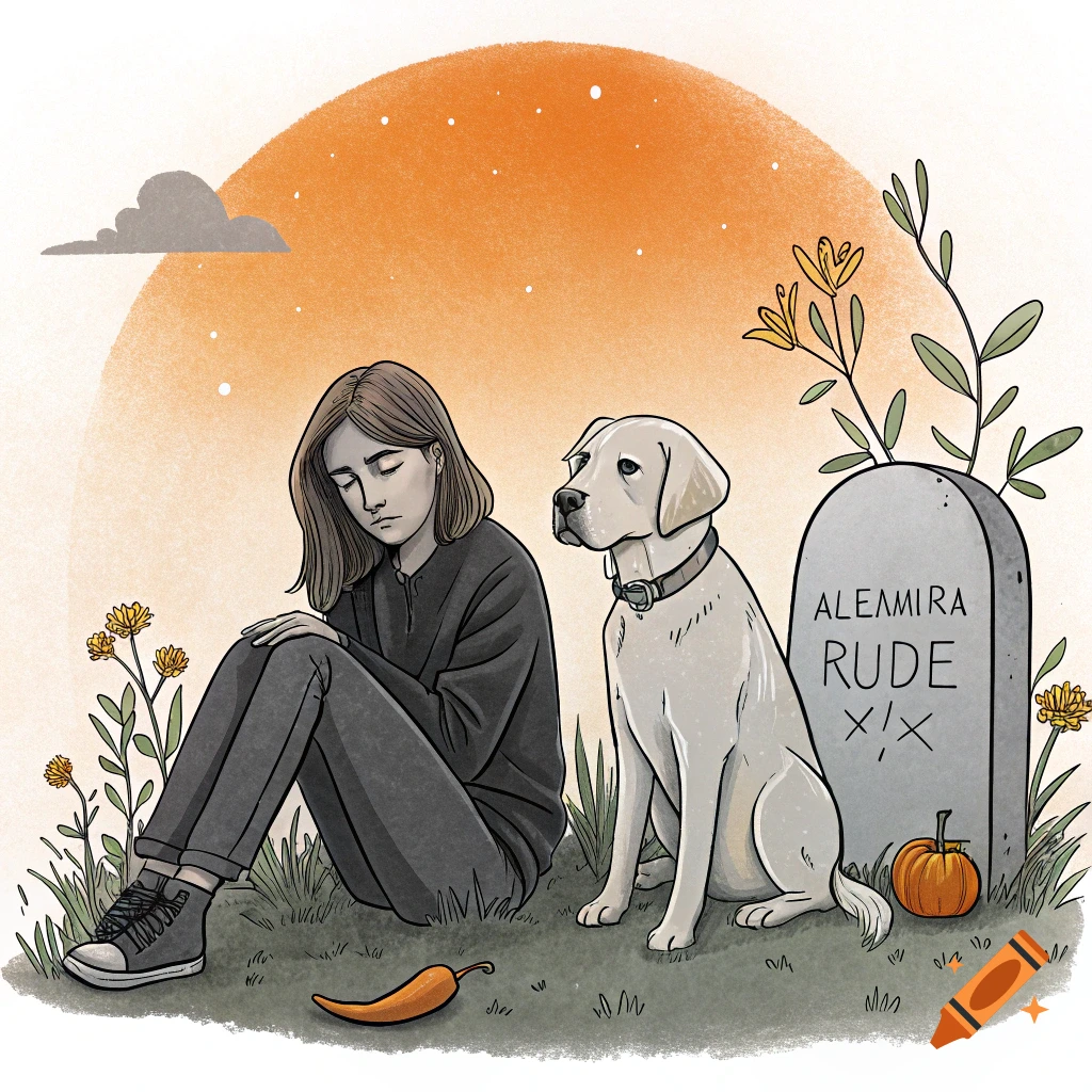 A sad woman sits next to a grave with a dog in an illustrated style.