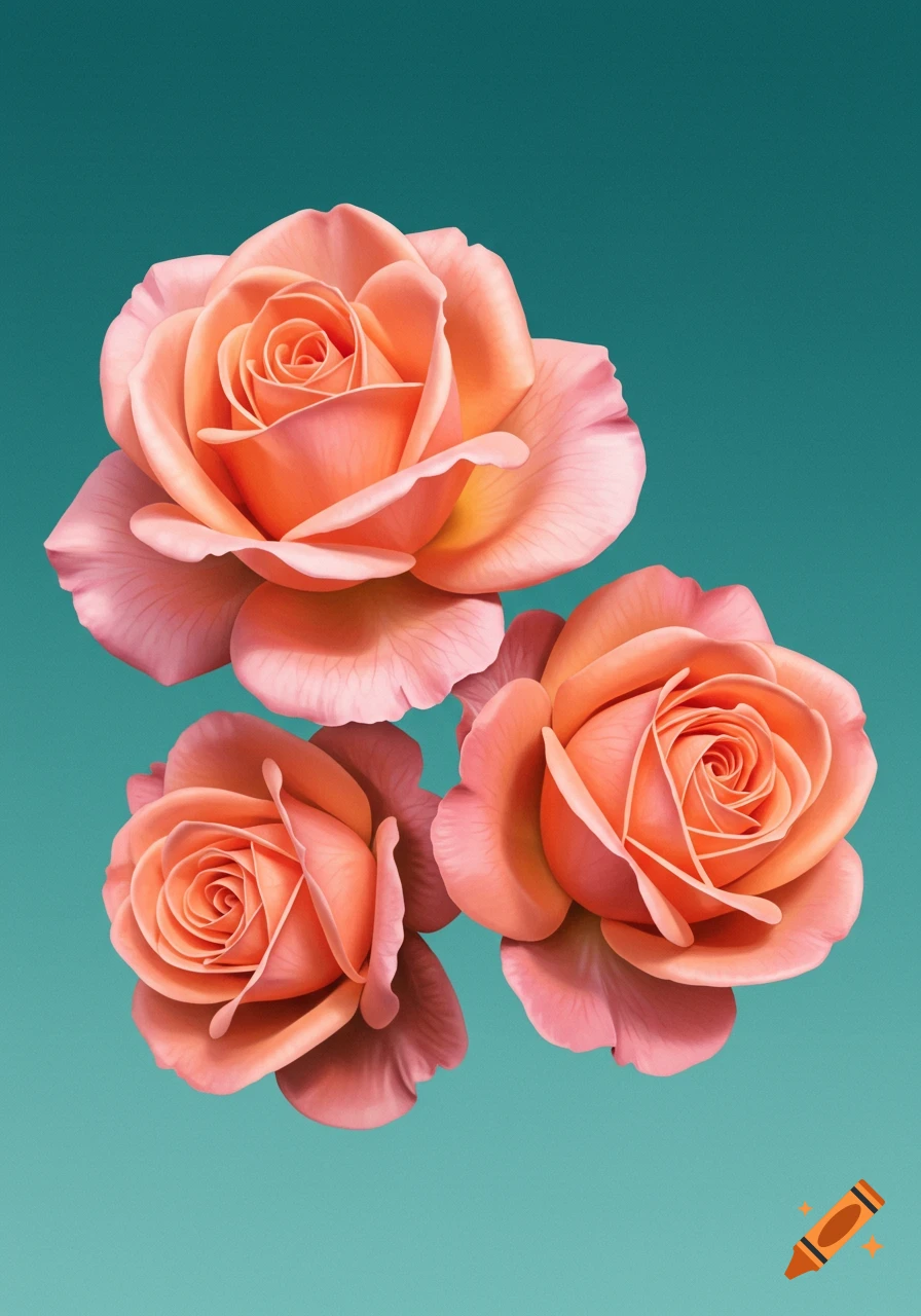 Three peach roses against a teal background.