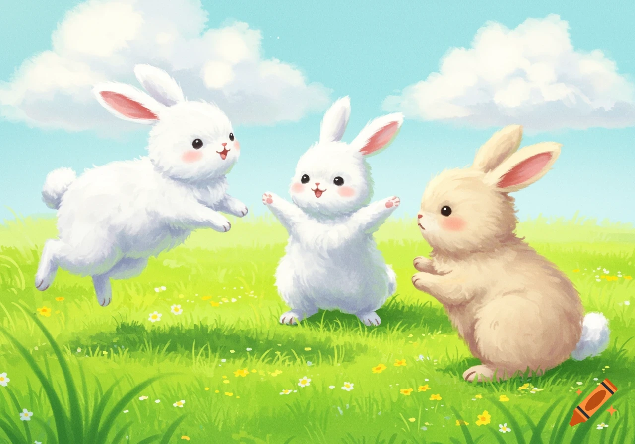 Three fluffy bunnies playing in a sunny green field, watercolor illustration.